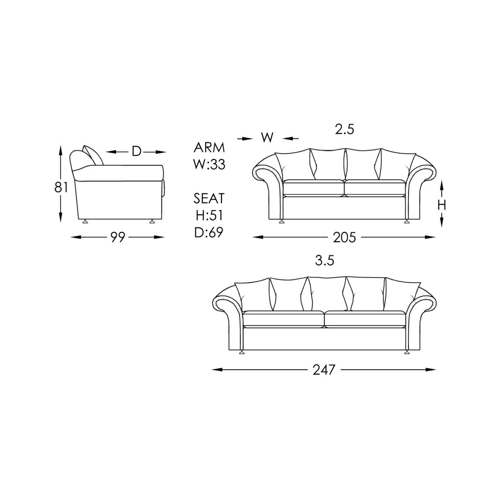 Scarlett 2.5 Seater Line Drawing